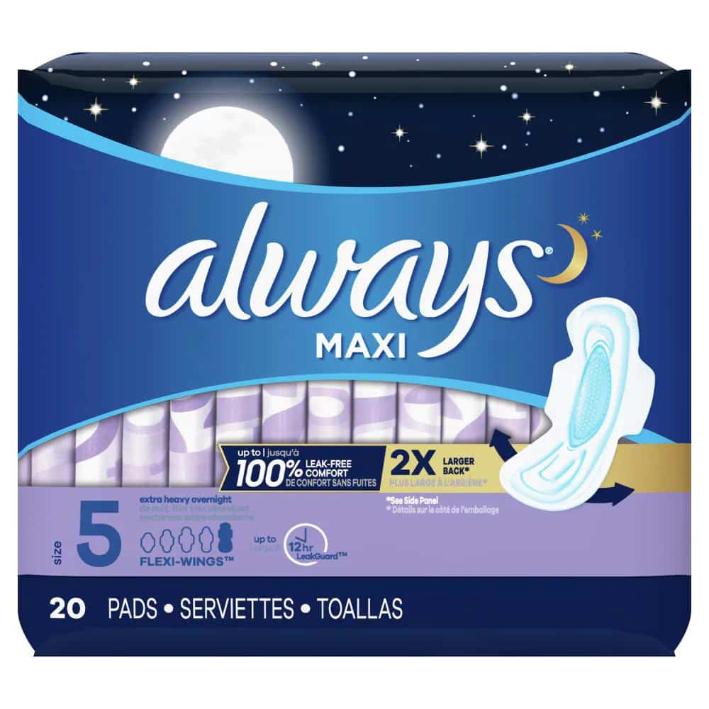 Always Maxi Pads Size 5 Extra Heavy Overnight Absorbency Unscented with  Wings, 20 ct - Greatland Grocery