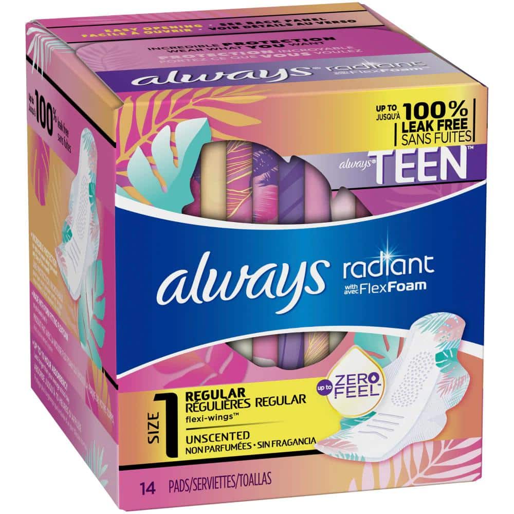 Always Radiant Teen Regular Unscented Pads with FlexFoam Wings, 14